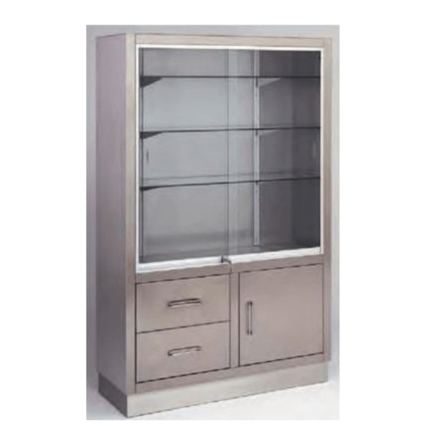 Armadio in acciaio inox: con ante scorrevoli nella parte superiore e armadio e cassetti nella parte inferiore (160 x 40 x 100 cm)